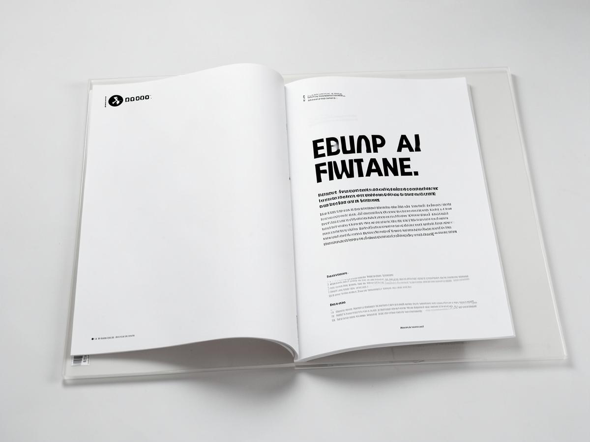 Printed portfolio spreads with large typography on a light table