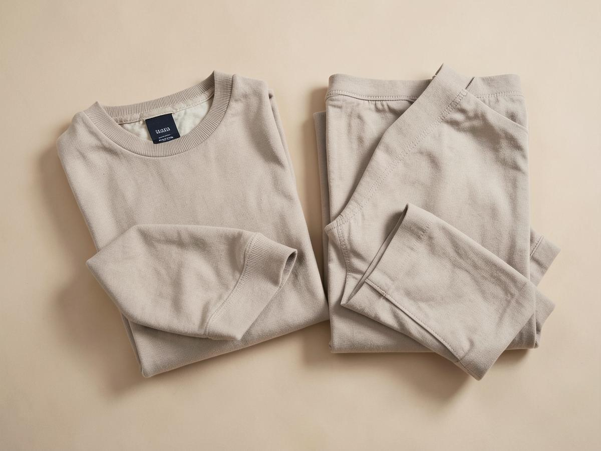 Folded neutral garments flat lay on beige surface