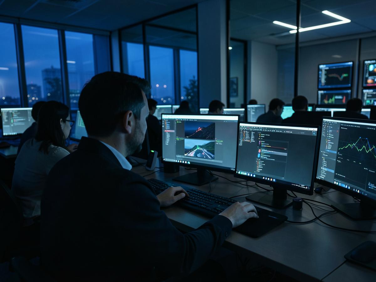 Support team working at glowing screens in a dark office