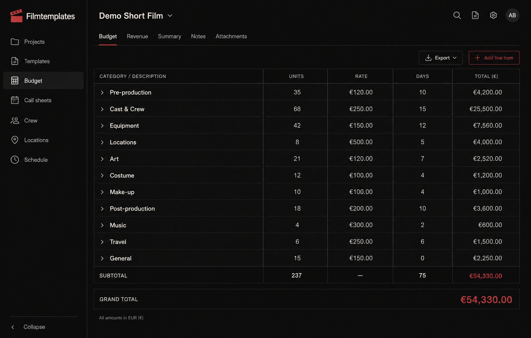 Filmtemplates budget template with production cost categories, rates and totals