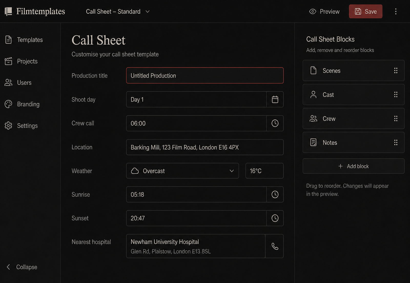 Filmtemplates call sheet editor with editable production fields and modular content blocks
