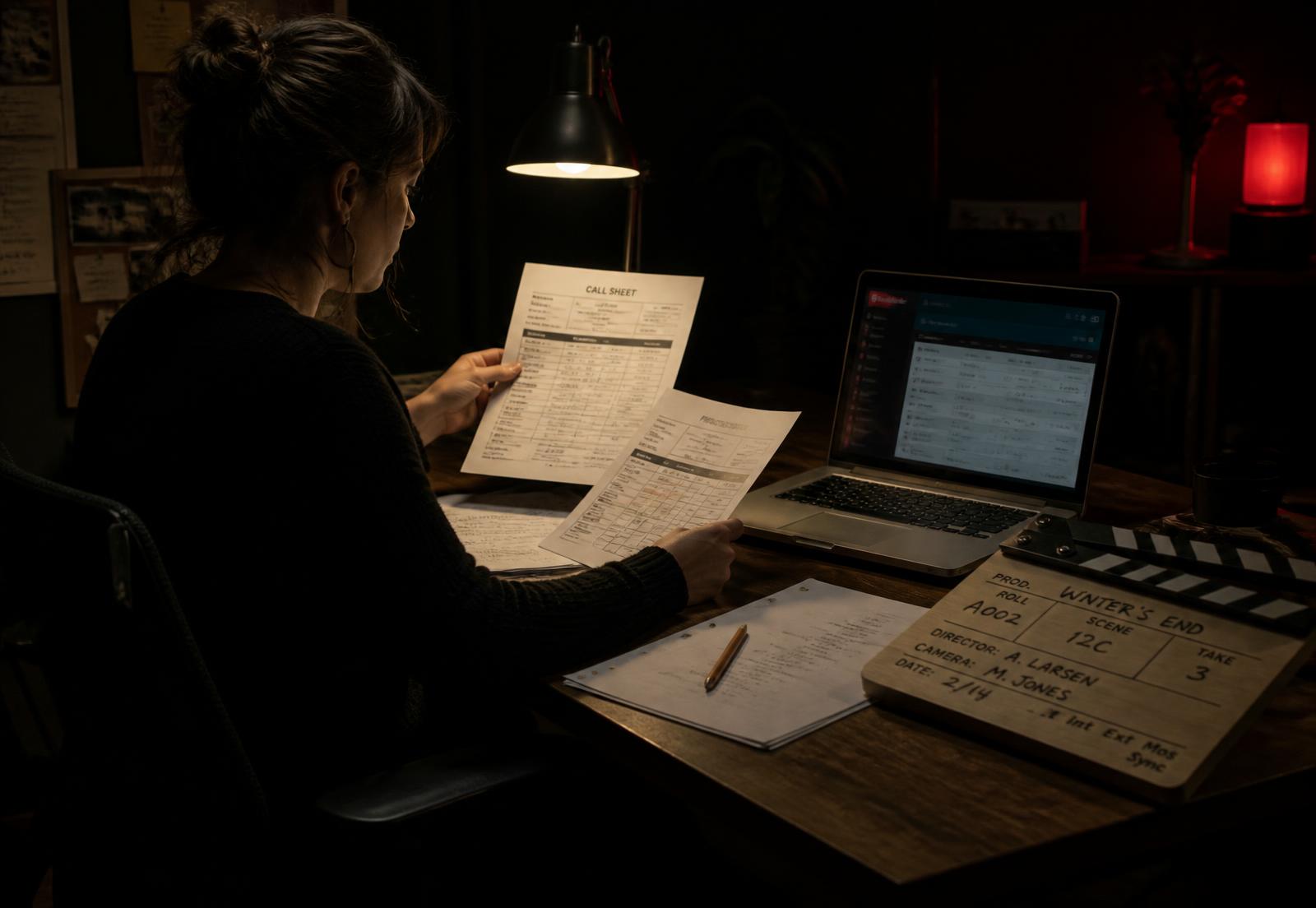 Production coordinator reviewing call sheets at a desk at night, laptop showing the Filmtemplates interface