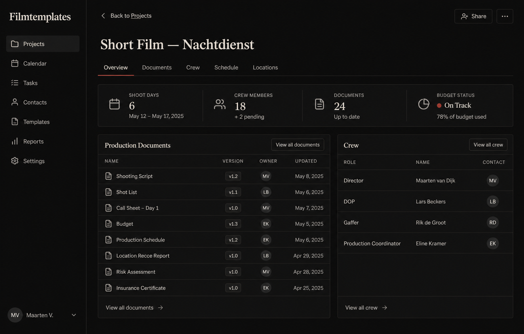 Filmtemplates project screen with production documents, versions and crew list