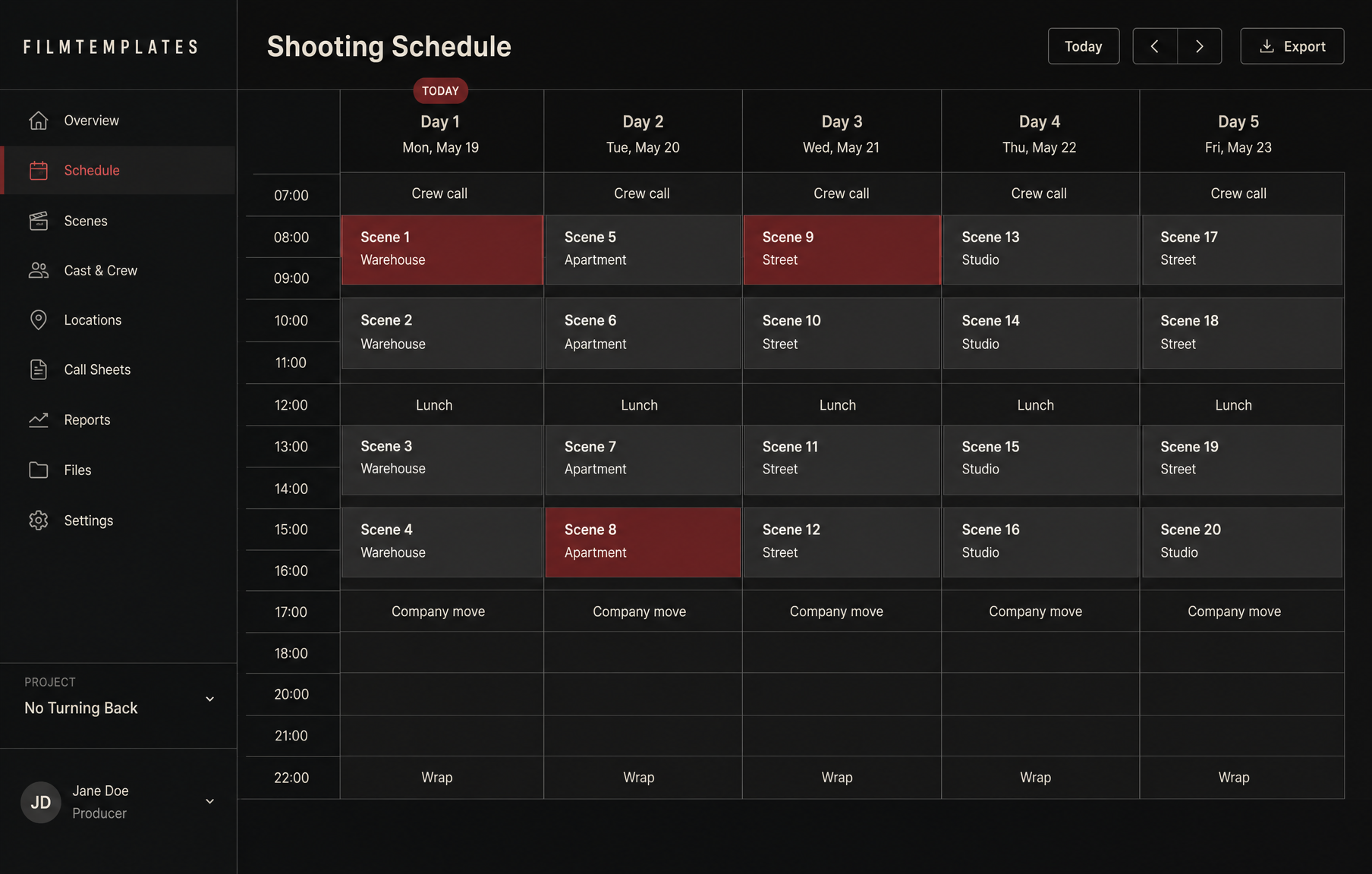 Filmtemplates shooting schedule with scenes planned per day and location