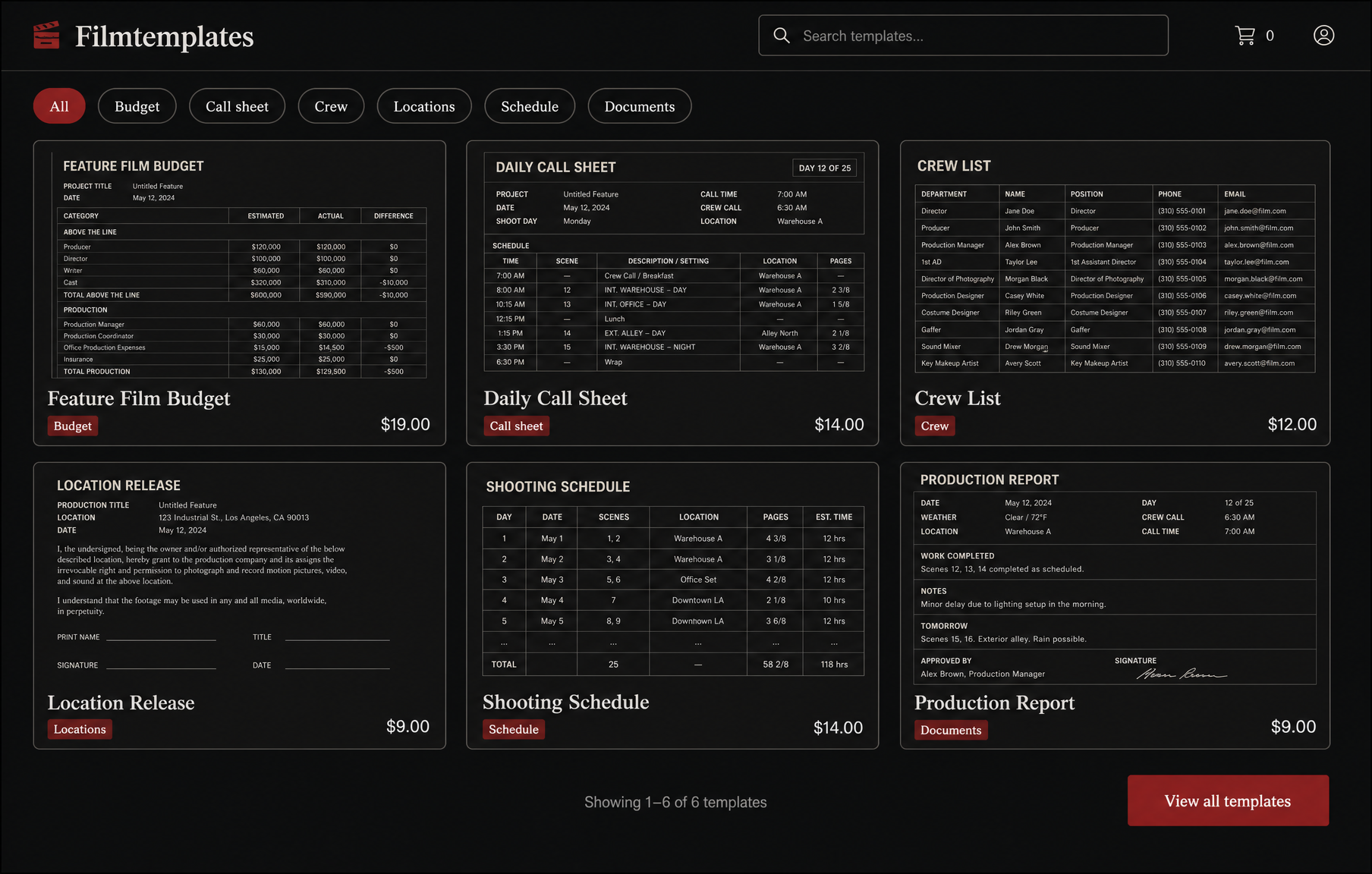 Filmtemplates template store showing budget, call sheet, crew and schedule templates