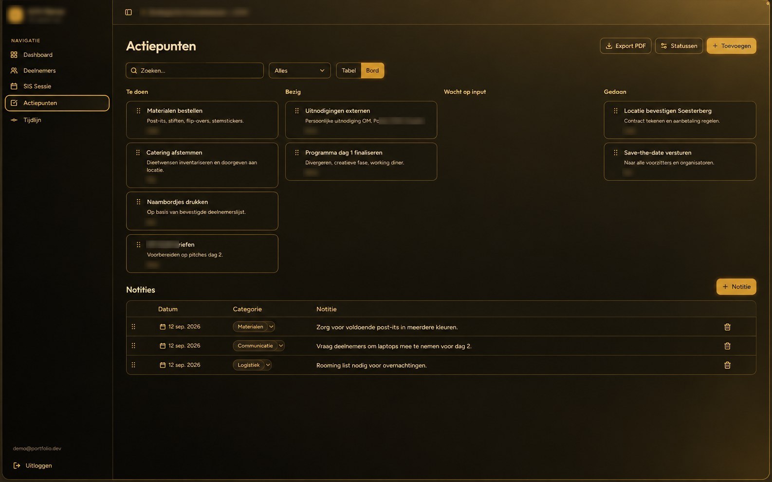 Action point board of the Rijksoverheid planner with columns and notes