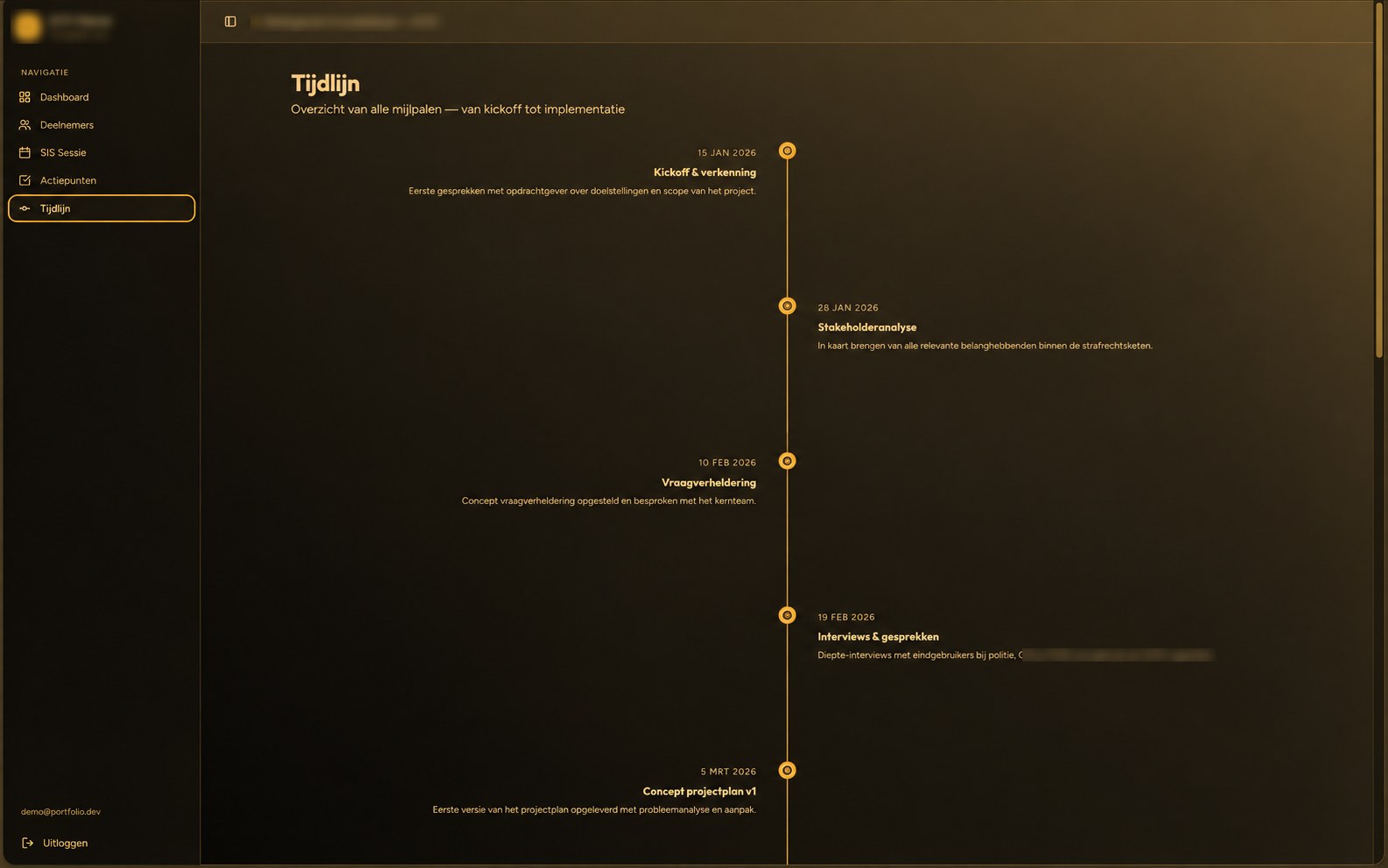 Timeline view of the Rijksoverheid planner showing milestones from kickoff to implementation