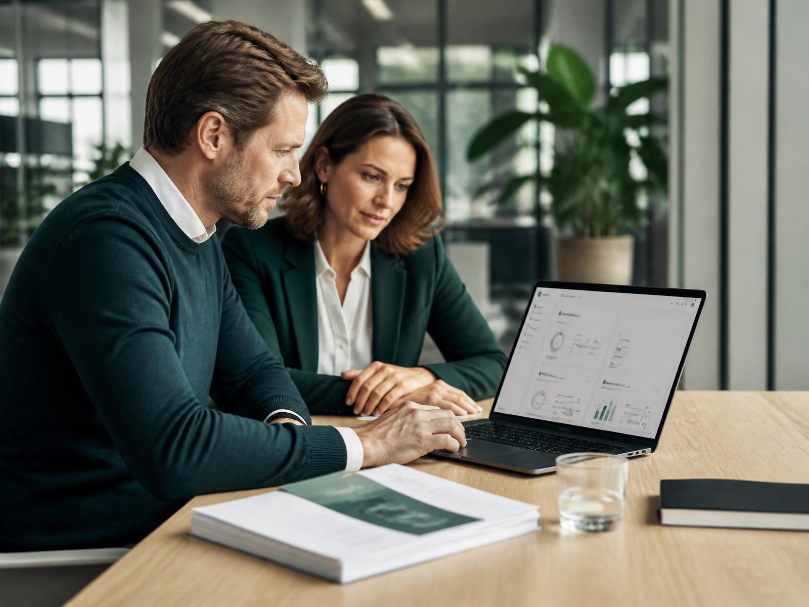 Entrepreneur and advisor reviewing a financial overview on a laptop in a modern accounting office
