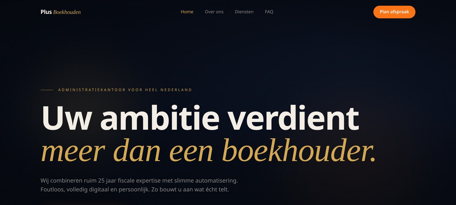 Plus Boekhouden homepage with the headline 'Uw ambitie verdient meer dan een boekhouder'