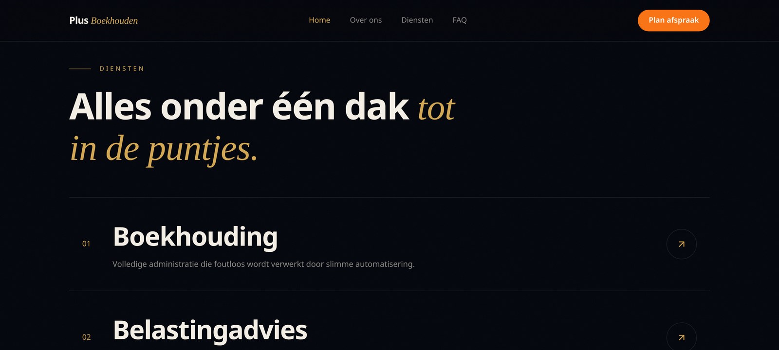 Plus Boekhouden services overview listing bookkeeping, tax advice and annual accounts