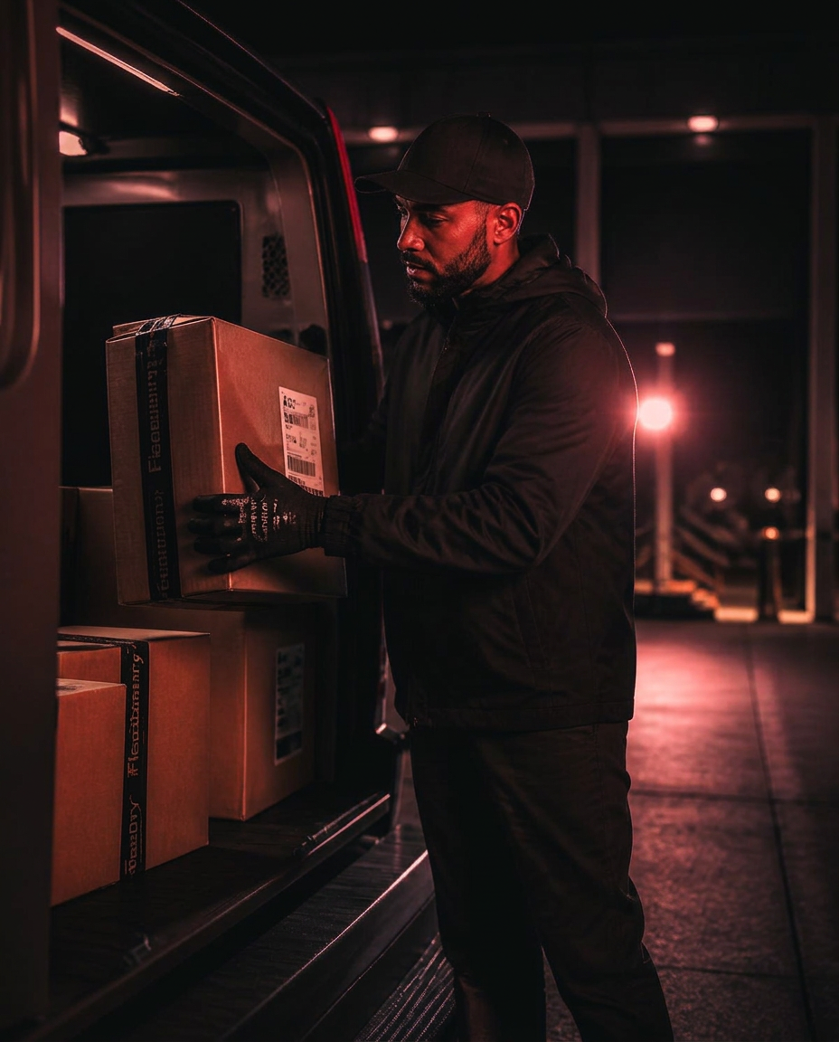 Driver loading parcels into a van at a loading dock at night