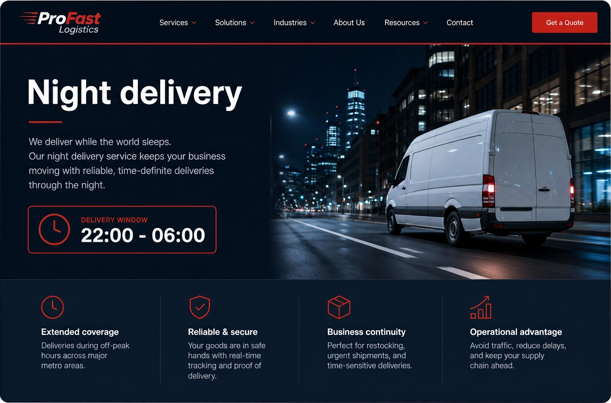 Night delivery page showing the 22:00–06:00 delivery window and key points