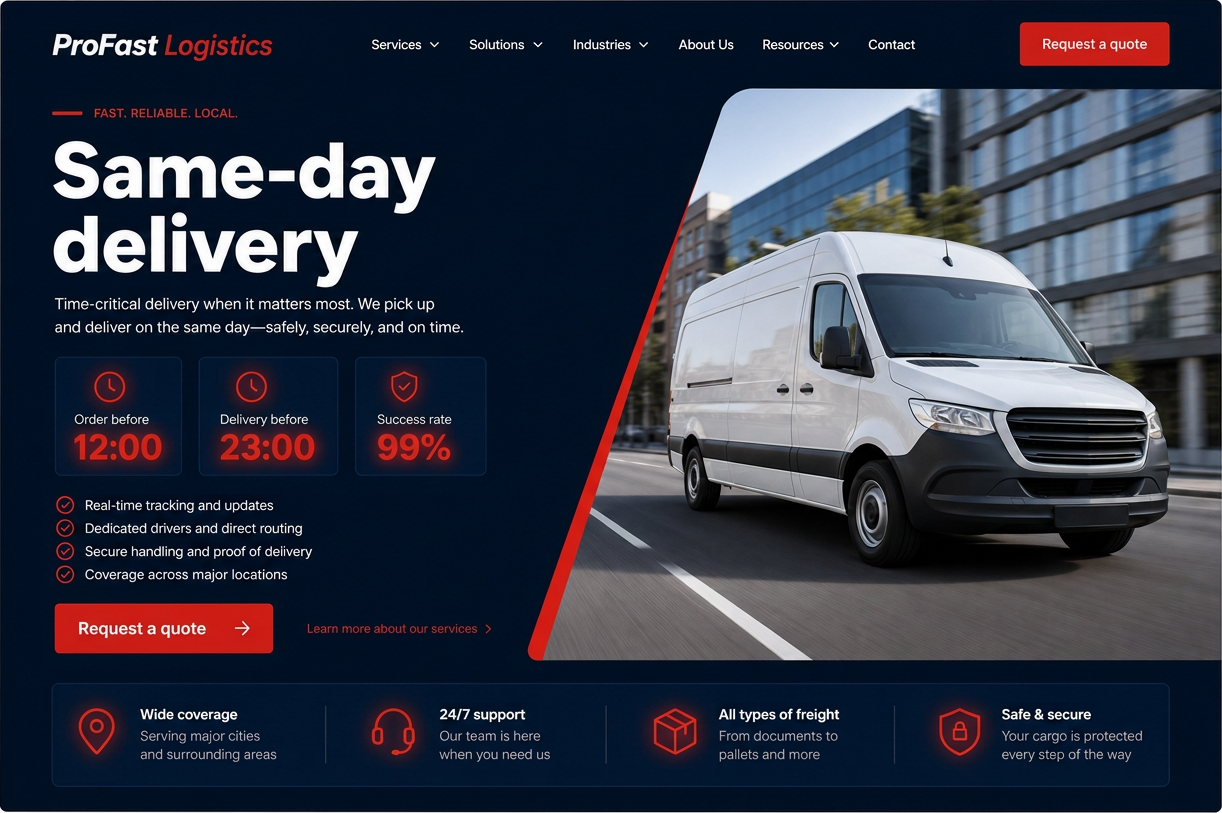 Same-day delivery page showing cut-off times and success rate