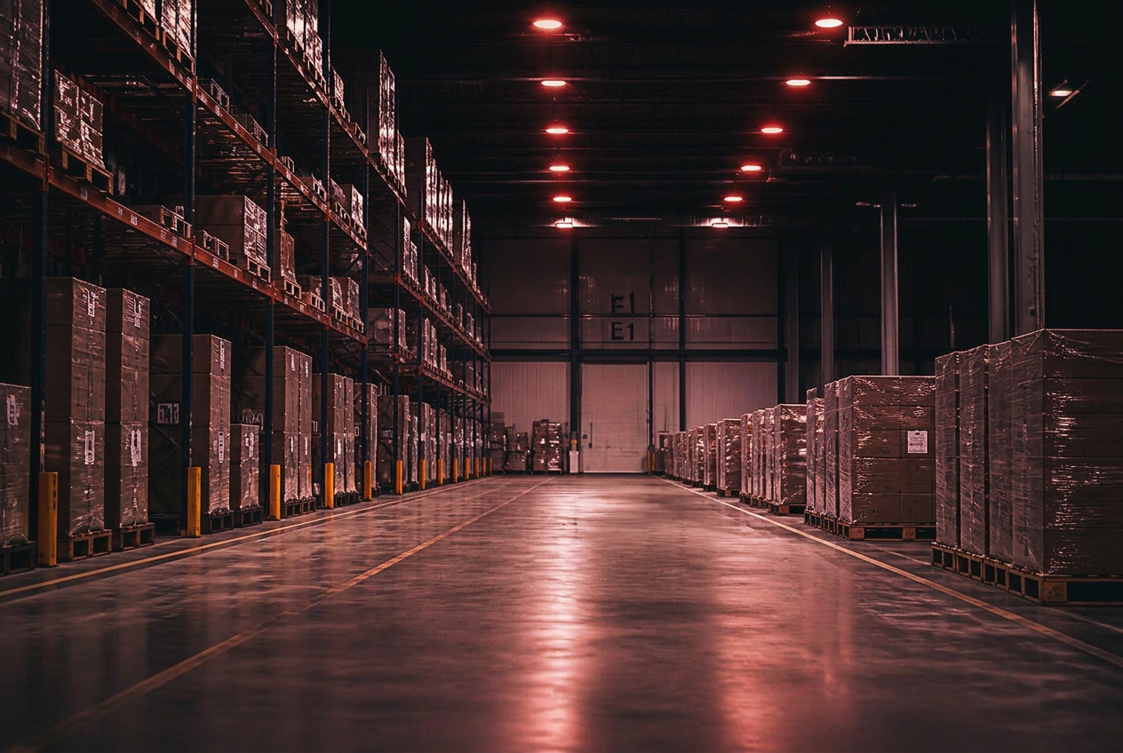 Warehouse aisle with neatly wrapped pallets under cool blue lighting